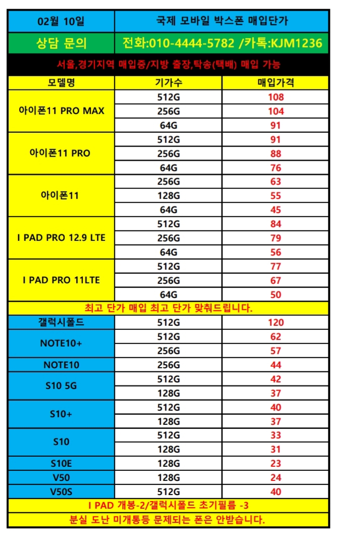  국제모바일 2/10단가표(폰테크/박스폰매입)확인