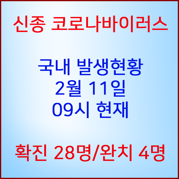  코로나19(코로나바이러스) 2월 11일 09시 국내 발병 28명 / 4명 완치 격리해제