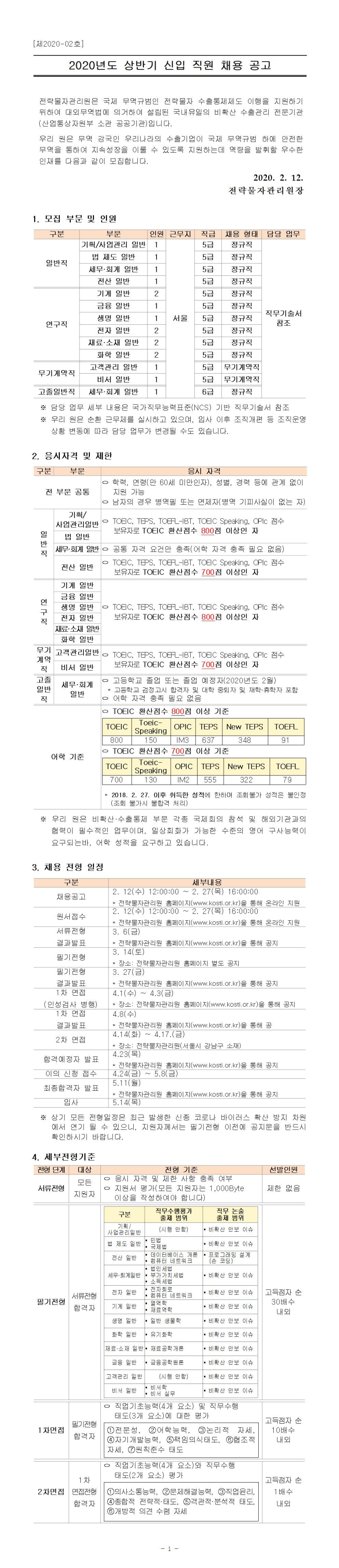  [채용][전략물자관리원] 2020년도 상반기 신입 직원 채용 공고