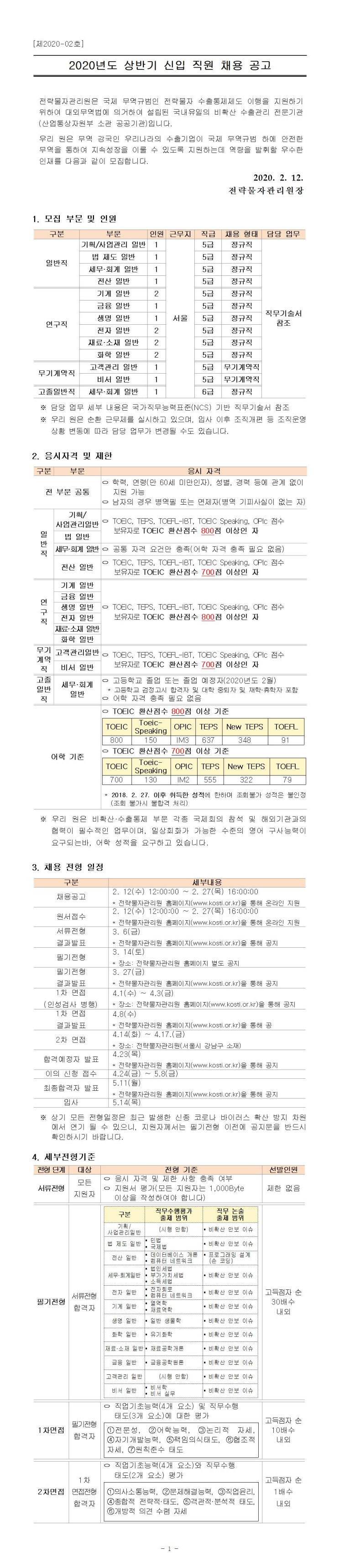 [채용][전략물자관리원] 2020년도 상반기 신입 직원 채용 공고