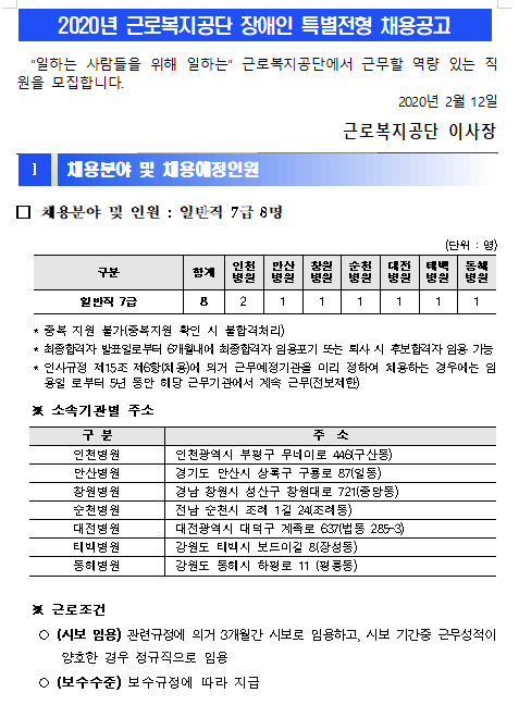 [채용][근로복지공단] 장애인 특별전형 채용공고