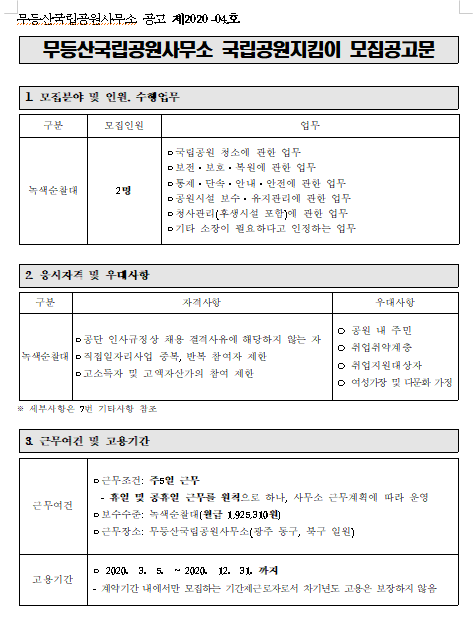  [채용][국립공원공단] [무등산] 무등산국립공원사무소 국립공원지킴이 모집 공고