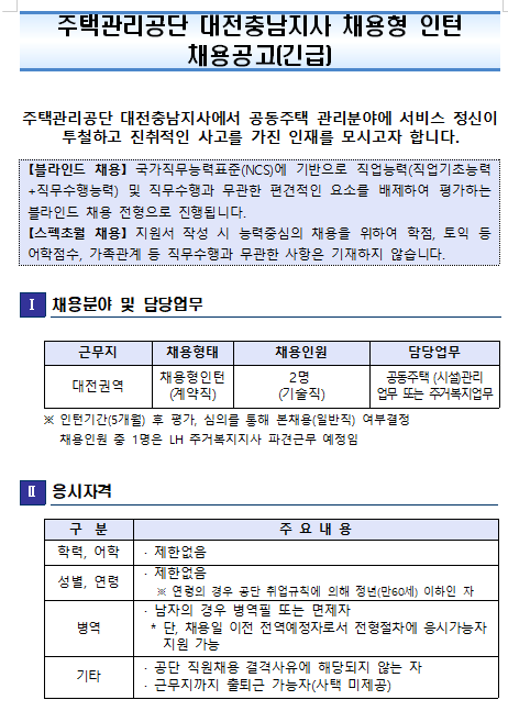  [채용][주택관리공단] 대전충남지사 채용형 인턴 채용 공고(긴급)
