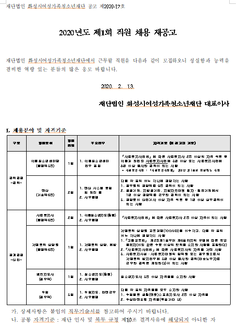  [채용][화성시여성가족청소년재단] 2020년도 제1회 직원 채용 재공고