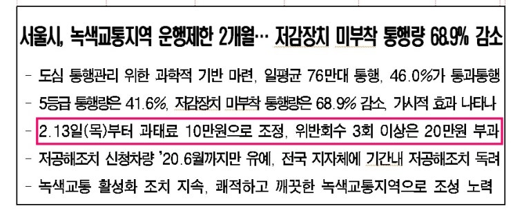  녹색교통지역 과태료가 25만원에서 10만원으로 하향 조정됩니다