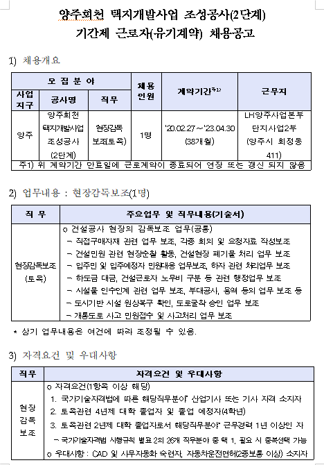 [채용][한국토지주택공사] 양주회천 택지개발사업 조성공사(2단계) 기간제 근로자(유기계약) 채용공고