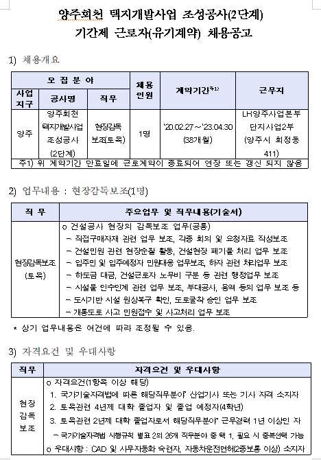 [채용][한국토지주택공사] 양주회천 택지개발사업 조성공사(2단계) 기간제 근로자(유기계약) 채용공고