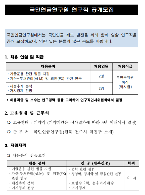  [채용][국민연금공단] 국민연금연구원 연구직 채용 공고