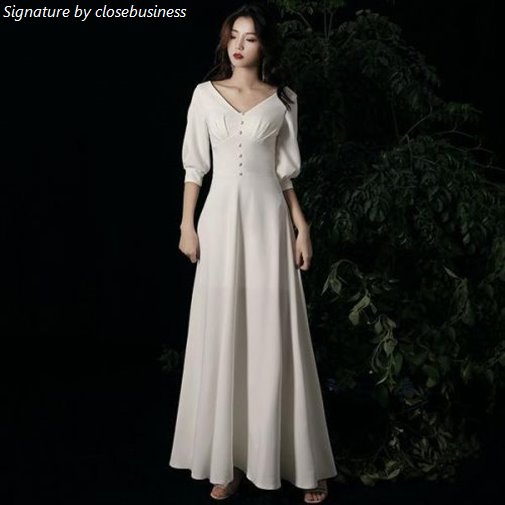 [할인추천] 실크 브이넥 콩단추 슬림 웨딩 드레스 7부 소매 셀프웨딩 -&gt; 71,400 원~ 100% 할인
