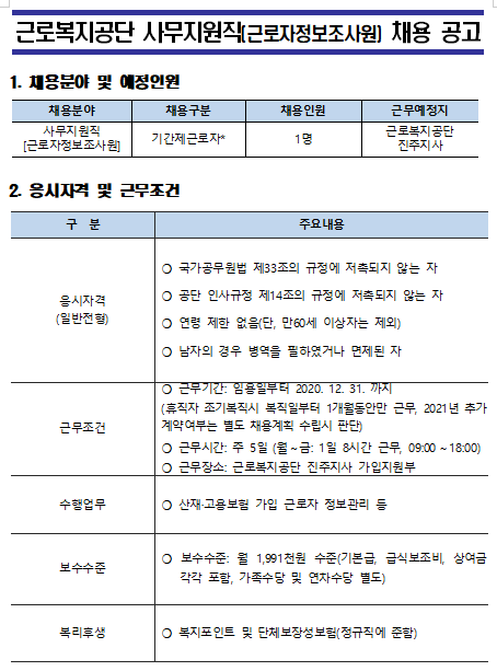 [채용][근로복지공단] [진주지사]사무지원직(근로자정보조사원) 휴직 대체 채용 공고