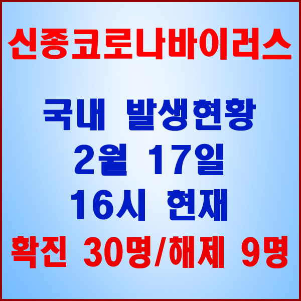  코로나19(코로나바이러스) 2월 17일 16시 국내 발병 30명 / 9명 완치 격리해제