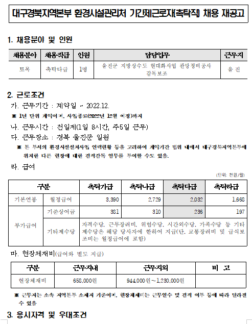 [채용][한국환경공단] 대구경북지역본부 환경시설관리처 기간제근로자(촉탁직) 채용 재공고_울진관망정비