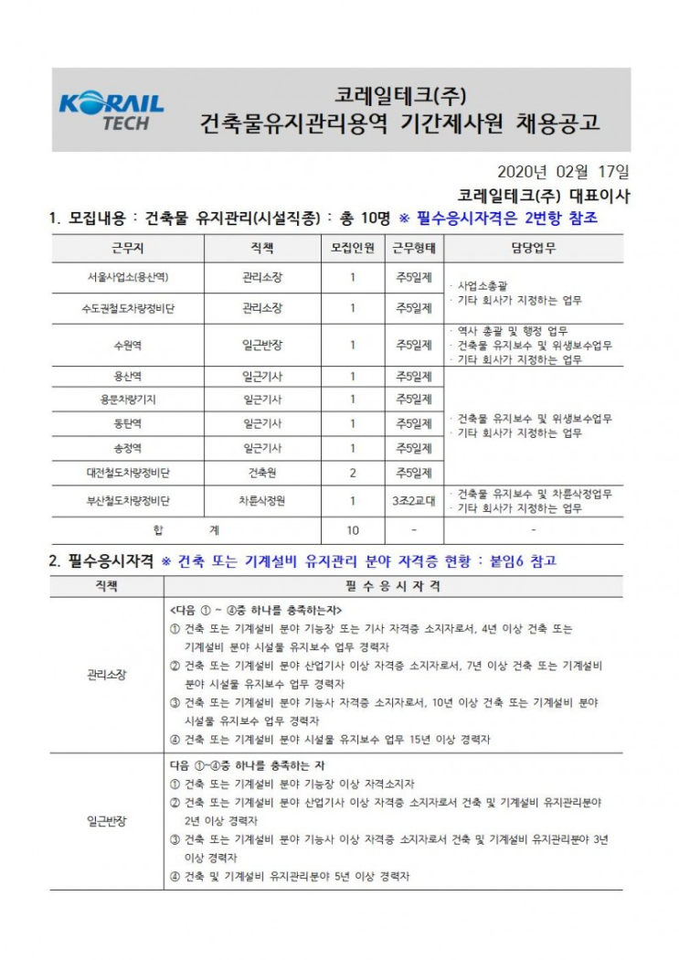  [채용][코레일테크(주)] 현장기간제사원 채용모집 공고(건축물유지관리)