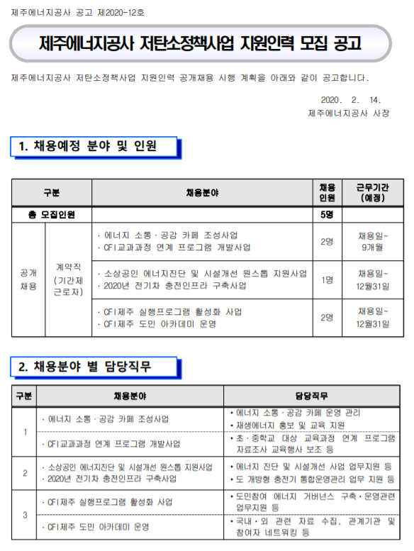  [채용][제주에너지공사] 저탄소정책사업 지원인력 모집 공고