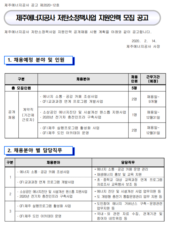 [채용][제주에너지공사] 저탄소정책사업 지원인력 모집 공고