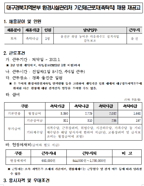  [채용][한국환경공단] 대구경북지역본부 환경시설관리처 기간제근로자(촉탁직) 채용 재공고_울진하당하수