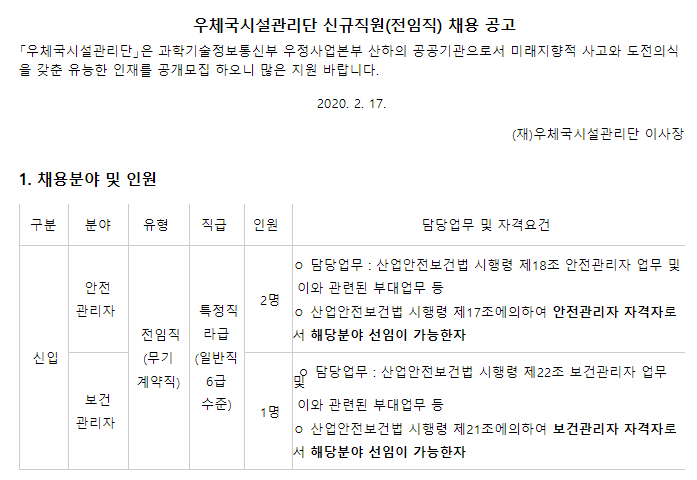  [채용][우체국시설관리단] 신규직원(전임직[안전관리자, 보건관리자]) 채용 공고