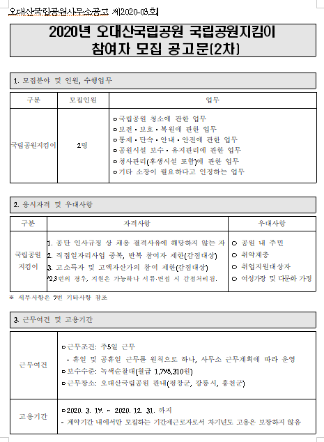  [채용][국립공원공단] [오대산] 2020년 오대산국립공원 국립공원지킴이 참여자 모집 공고문(2차)