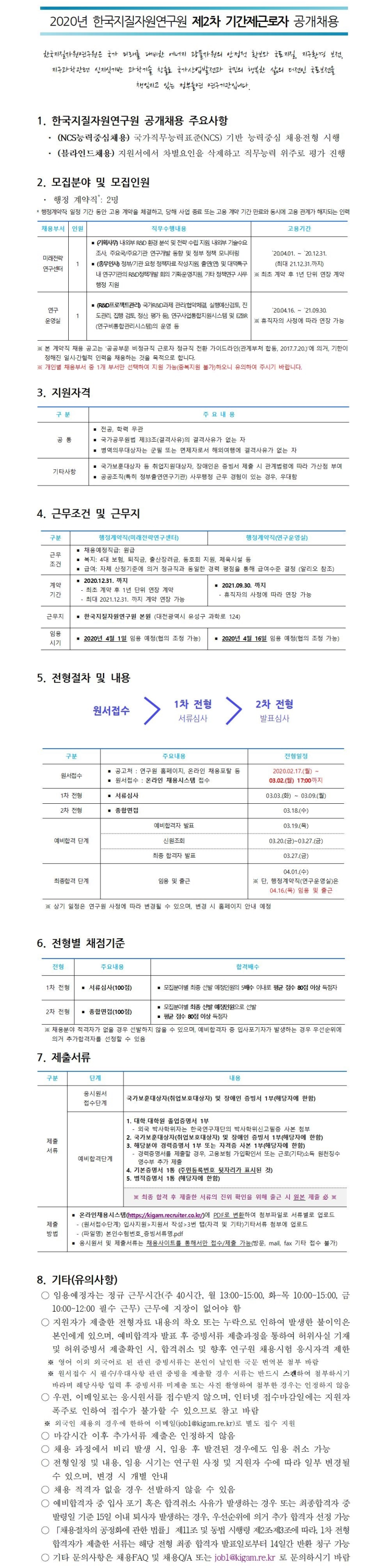  [채용][한국지질자원연구원] 2020년 제2차 기간제근로자 공개채용