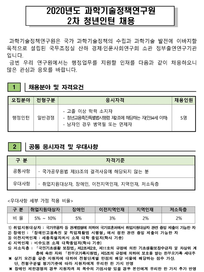  [채용][과학기술정책연구원] 2차 청년인턴 채용