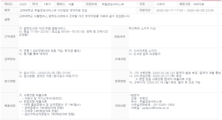  [채용][고려대학교] 학술정보서비스부 야간담당 계약직원 모집