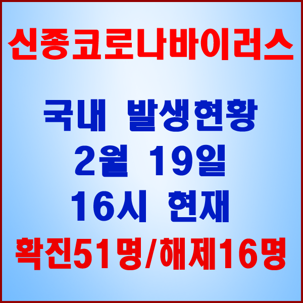 코로나19(코로나바이러스) 2월 19일 16시 국내 발병 51명 / 16명 완치 격리해제