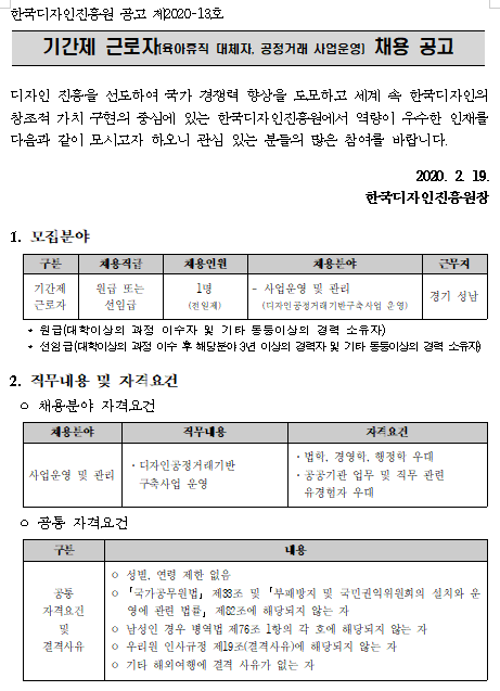  [채용][한국디자인진흥원] 기간제 근로자(육아휴직 대체자, 공정거래 사업운영) 채용 공고