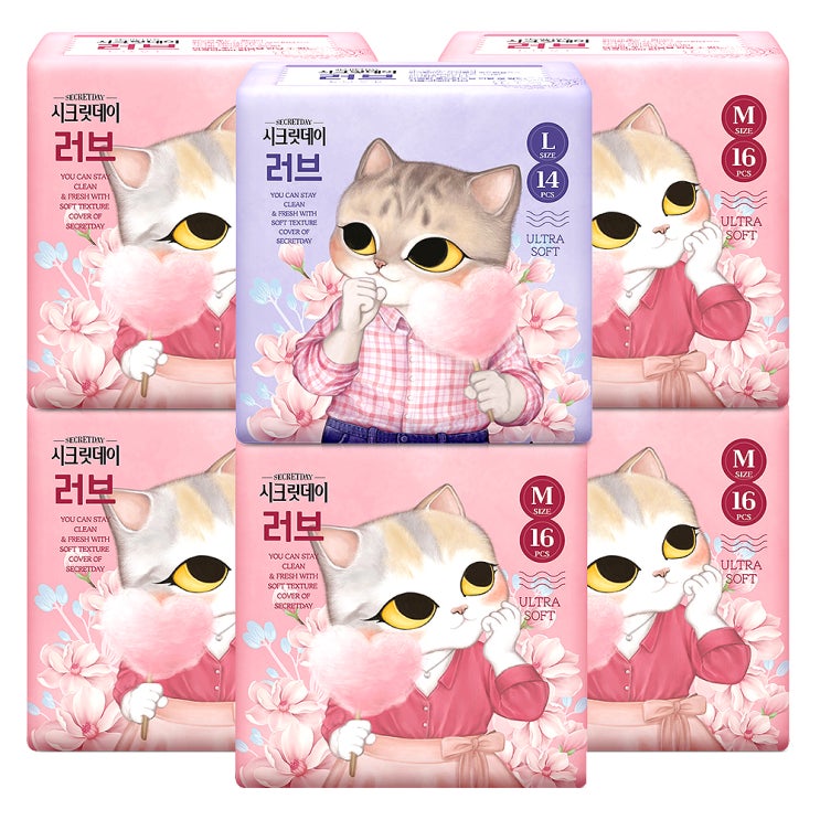  핫딜) 시크릿데이 러브 울트라 슬림 중형 생리대 날개형 16p x 5개 + 대형 14p 
