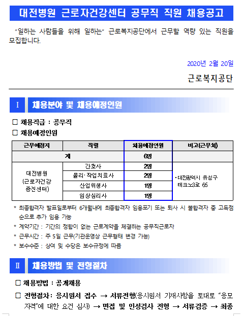  [채용][근로복지공단] [대전병원] 근로자건강센터 공무직 신규채용 공고