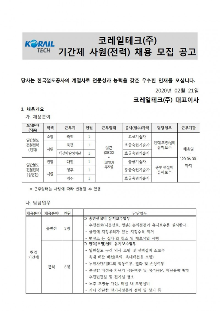  [채용][코레일테크(주)] 현장기간제사원 채용모집 공고(전철전력)