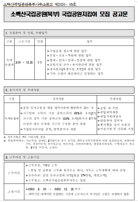  [채용][국립공원공단] [소백산북부] 2020년 소백산국립공원북부사무소 국립공원지킴이 2차 모집 공고