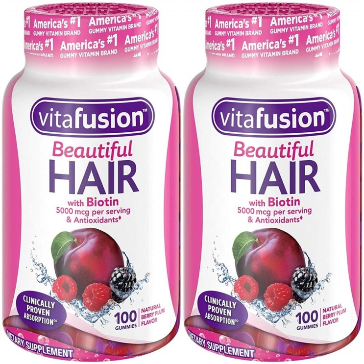[착한쇼핑] 비타퓨전 헤어 100정 2팩 구미 꾸미 Vitafusion Beautiful Hair Gummy Vitamins 100ct Berry Plum