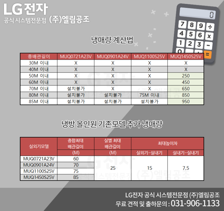  시스템에어컨 설치 냉매량 계산법 및 추가 냉매량