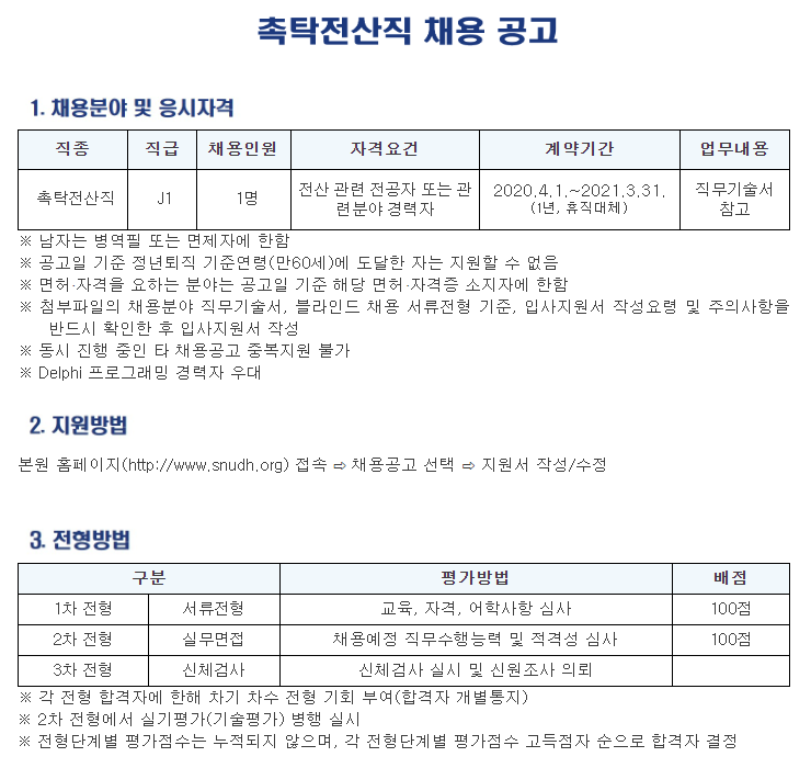  [채용][서울대학교치과병원] 촉탁전산직 채용 공고