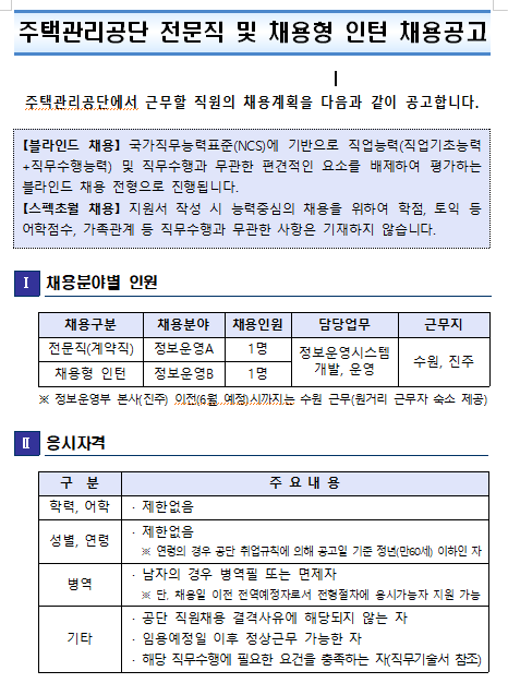  [채용][주택관리공단] 정보운영부 채용형 인턴 채용공고