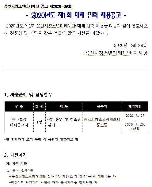  [채용][용인시청소년미래재단] 2020년도 제1회 대체 인력 채용공고