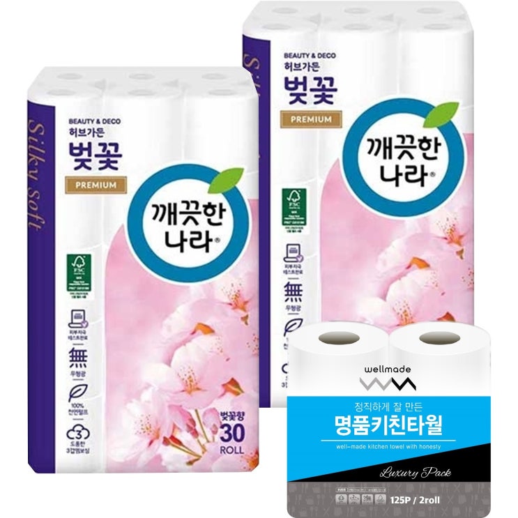  깨끗한나라 벚꽃 프리미엄 화장지 27m 3겹 30롤 2팩 총 60롤 웰메이드 명품키친타올 2롤 증정 롤화장지