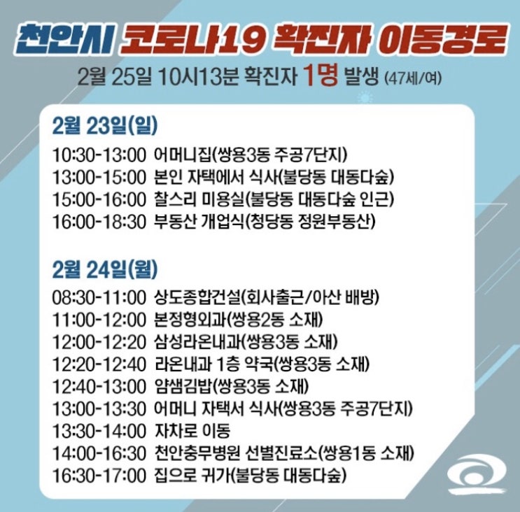 충남 천안에서 47살 여성 코로나19 확진 판정 / 이동경로