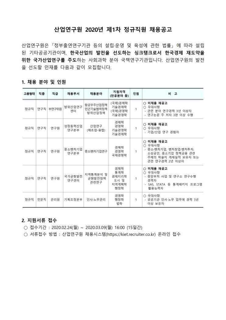  [채용][산업연구원] 2020년 제1차 정규직원 채용
