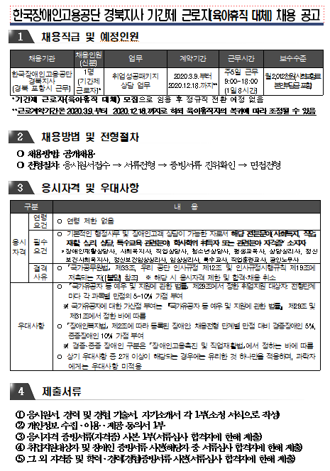 [채용][한국장애인고용공단] 경북지사 기간제 근로자(육아휴직 대체) 채용 공고