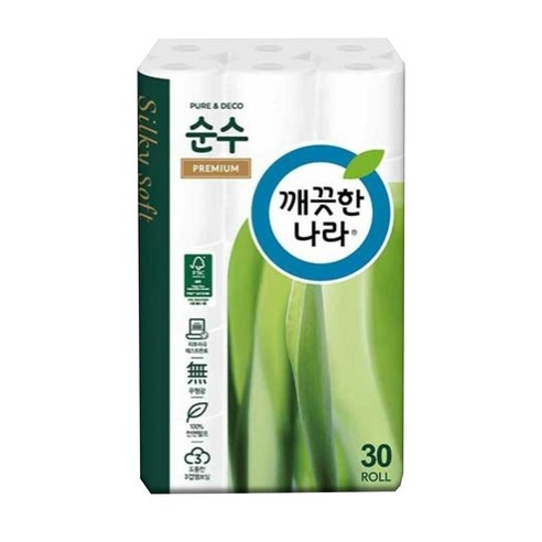  깨끗한나라 3겹 데코 순수 프리미엄 천연펄프 롤화장지 30m 30롤 1팩