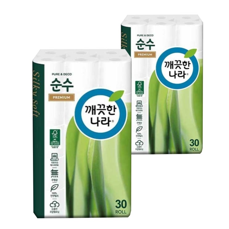  깨끗한나라 순수 프리미엄 3겹 데코 롤화장지 30m 30롤 2팩