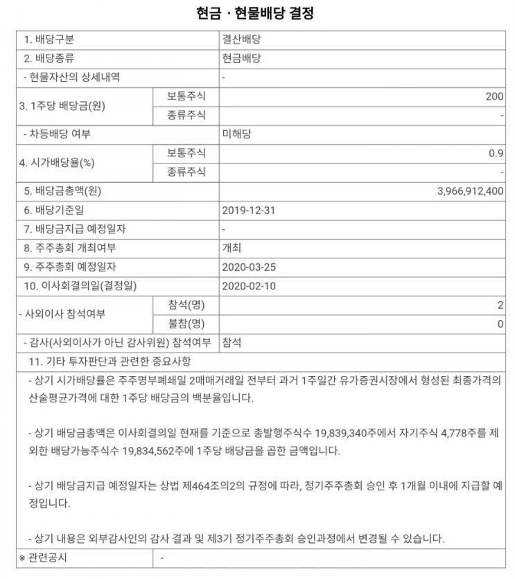  케이씨텍 현금배당 200원
