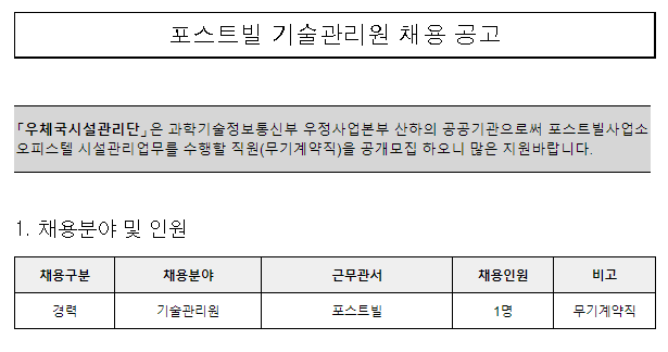  [채용][우체국시설관리단] PM 포스트빌 기술관리원 채용공고