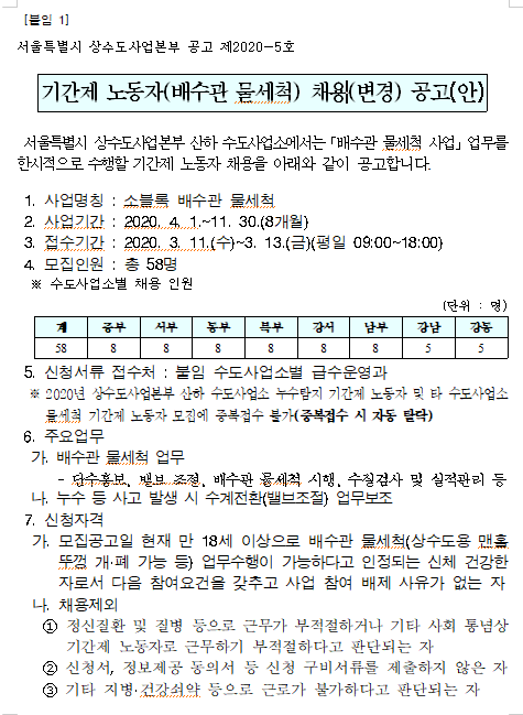  [채용][서울특별시] 상수도사업본부 2020년 기간제 노동자(배수관 물세척) 채용 공고(변경)