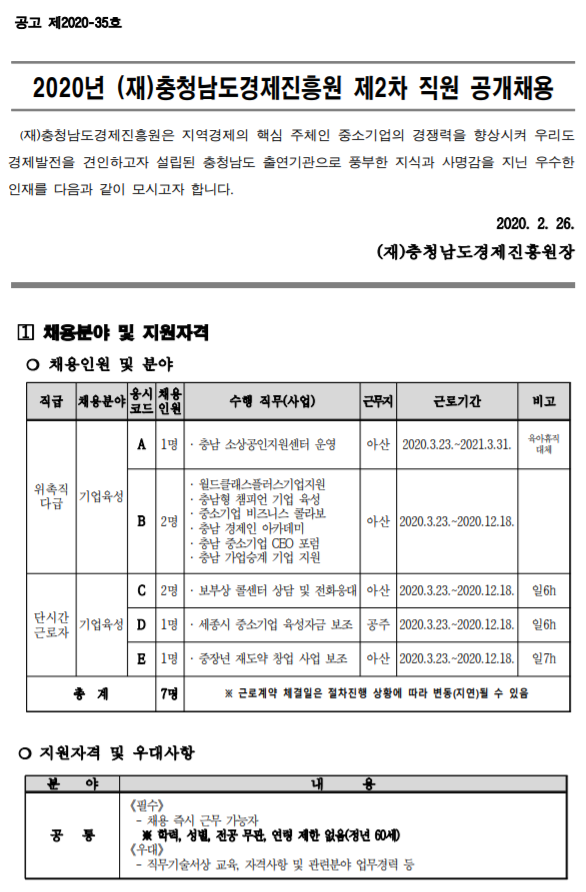  [채용][충청남도경제진흥원] 2020년 제2차 직원채용(계약직)