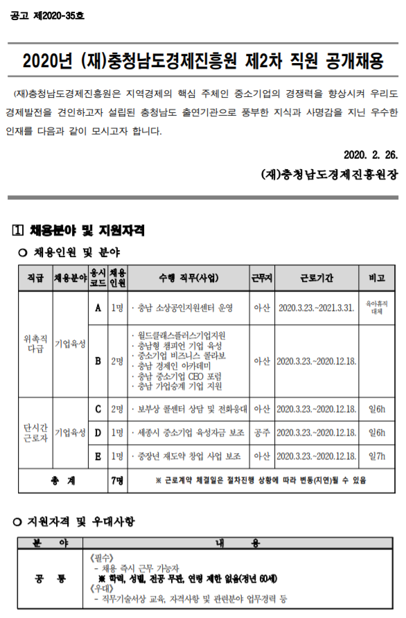 [채용][충청남도경제진흥원] 2020년 제2차 직원채용(계약직)