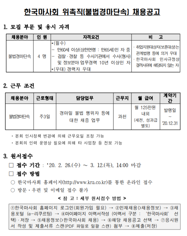 [채용][한국마사회] 위촉직(계약직) 채용공고(불법경마단속-과천)