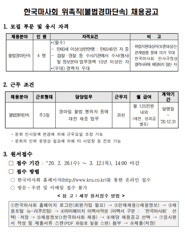  [채용][한국마사회] 위촉직(계약직) 채용공고(불법경마단속-과천)