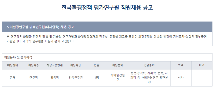  [채용][한국환경정책] 사회환경연구실 위촉연구원(대체인력) 채용 공고